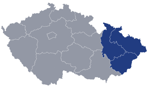 Mapa ČR s vyznačeným Moravskoslezským, Olomouckým a Zlínským krajem